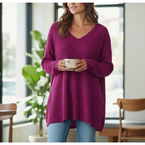Eileen Fisher Organic Linen Knit V-Neck Sweater Size XL Magenta Plum Purple